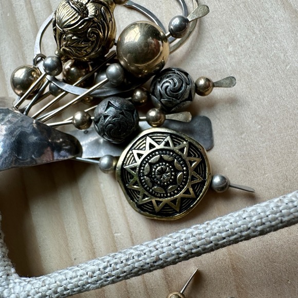 VTG Dangle Earrings 2.75 Inch Southwest Silver Gold Plate Mixed Charms Beads - Picture 2 of 8